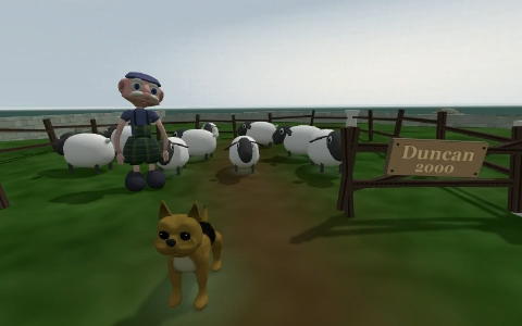 The flock, Duncan and Shep on the green island beneath the castle