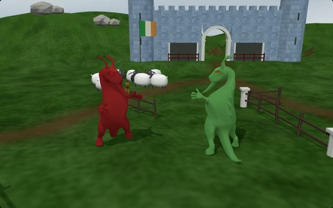Crimson and green Goatzillas holding their guards in the castle court