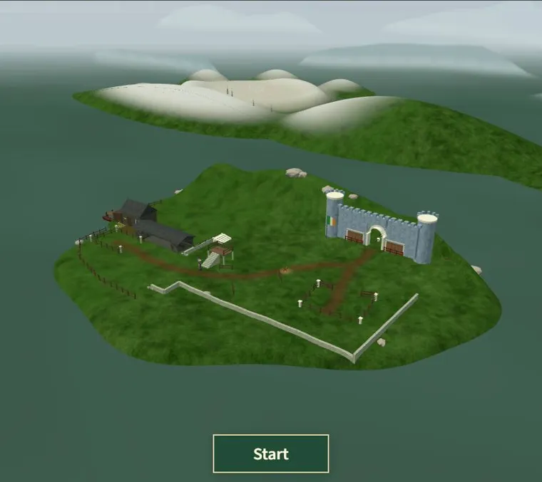 The Retrial island from above: castle, pens, stone wall and the farm.