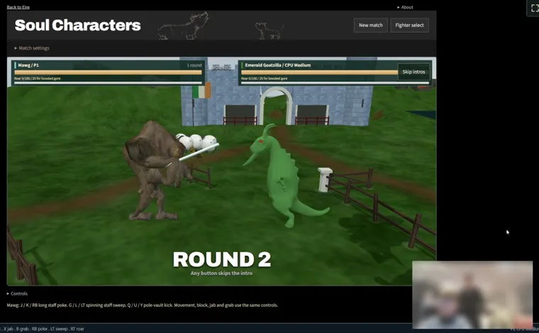 A Soul Characters playtest: Mawg against Emerald Goatzilla in round two, with the players' webcam blurred in the corner.