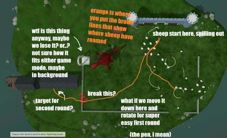 A top-down island screenshot annotated in white Impact captions and orange route lines.