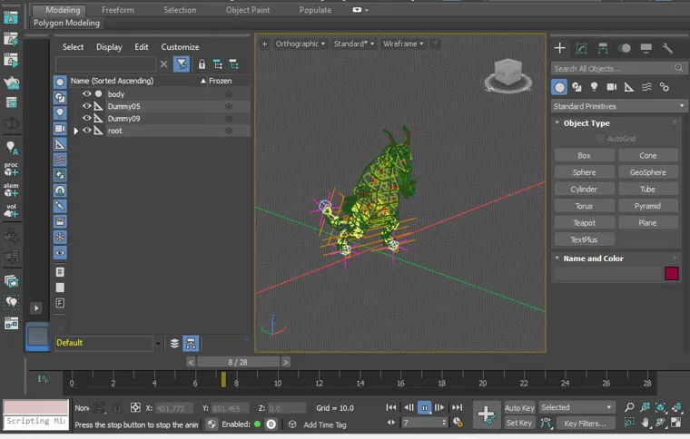 Goatzilla's 2001 walk animation open in a 3ds Max 2027 trial, rig in wireframe, timeline 0 to 28.