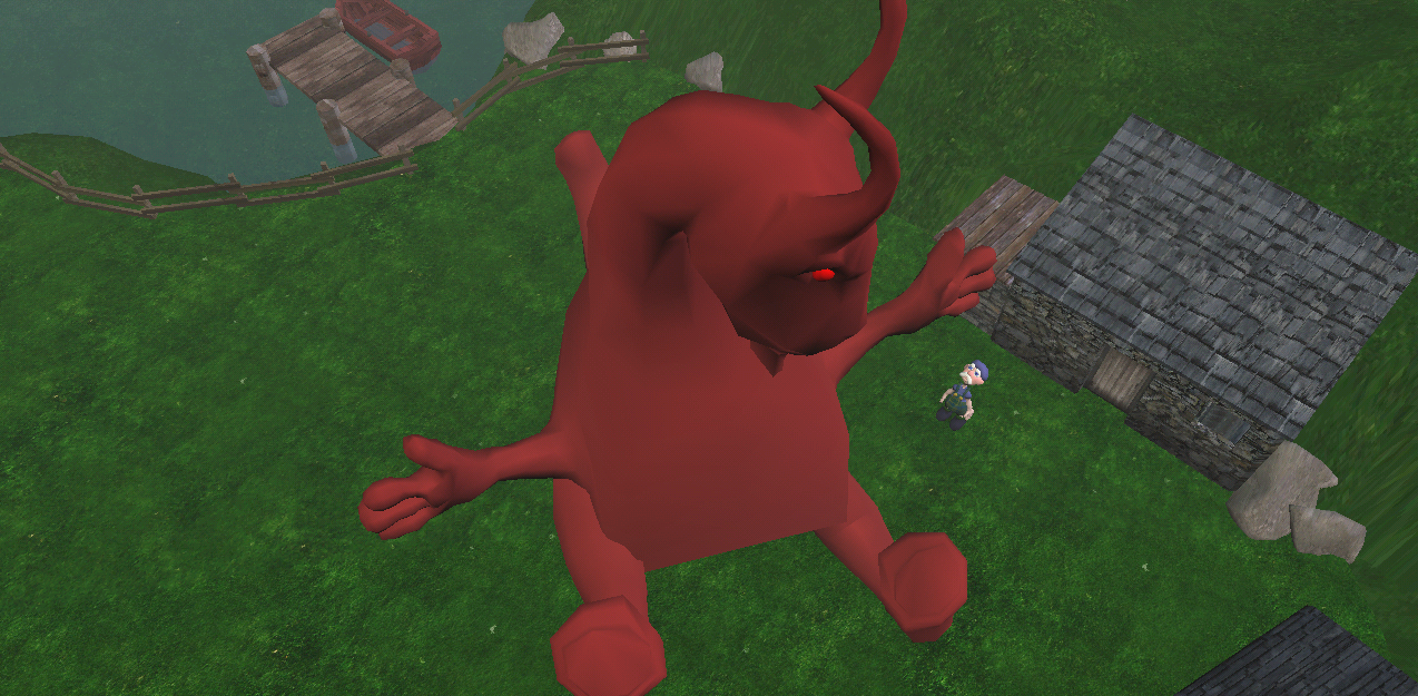 2001 Goatzilla with outstretched hands, tall curved horns and a triangular beard above the pastoral field.