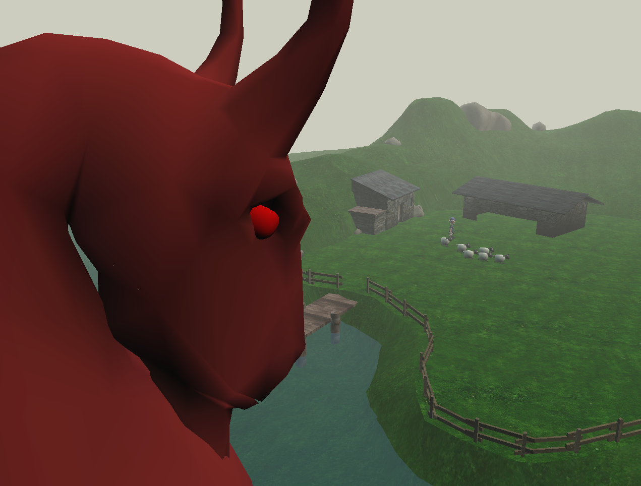Close view of the original red Goatzilla's long face and horns, with a misty green field behind.